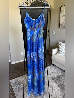 Blue Floral Maxi Jumpsuit with Spaghetti Straps